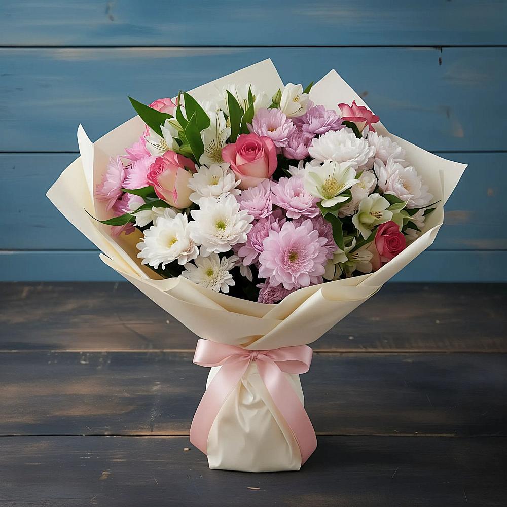 Букет цветов из: Хризантемы, Альстромерии и Розы в Козмодемьянске